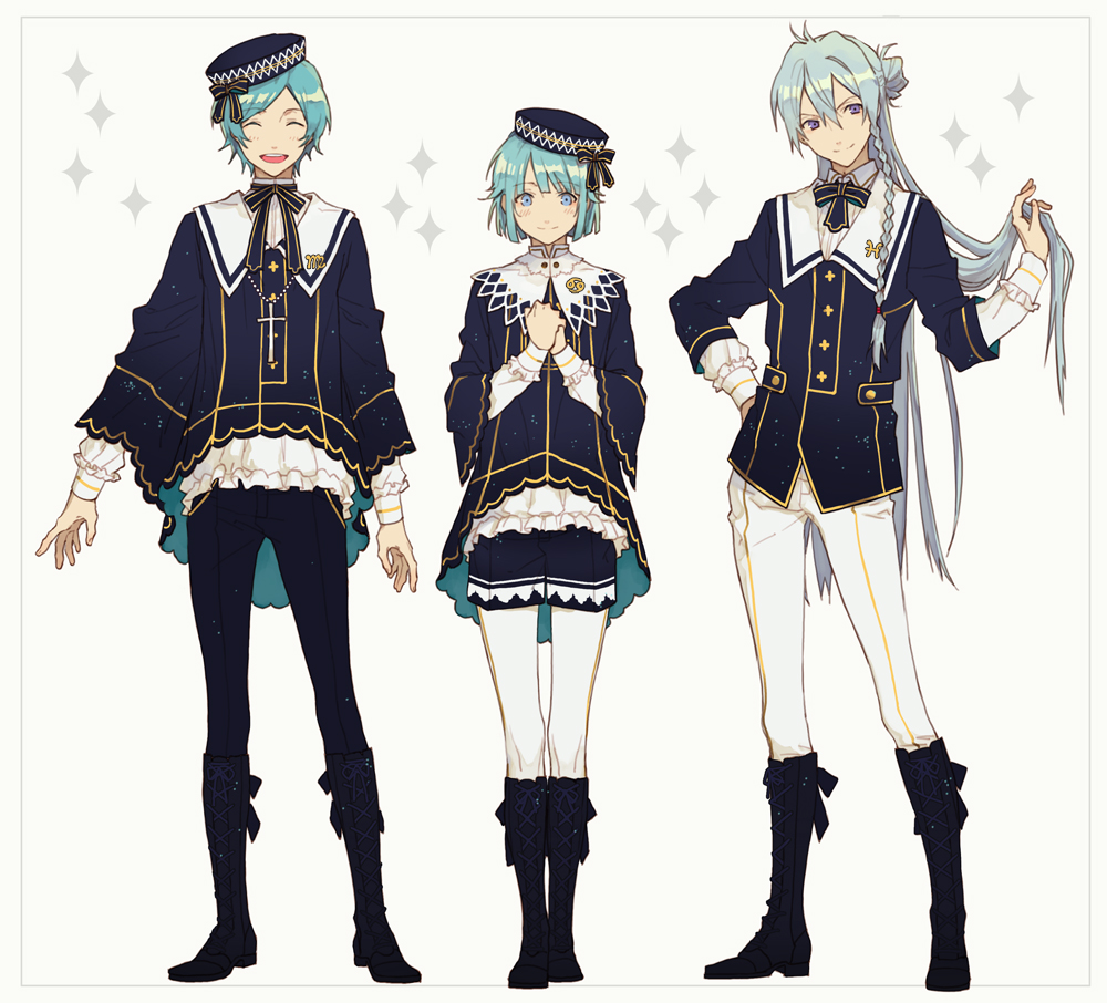 3boys, alternate_costume, aqua_hair, blue_hair, blush, boots, braid, closed_eyes
