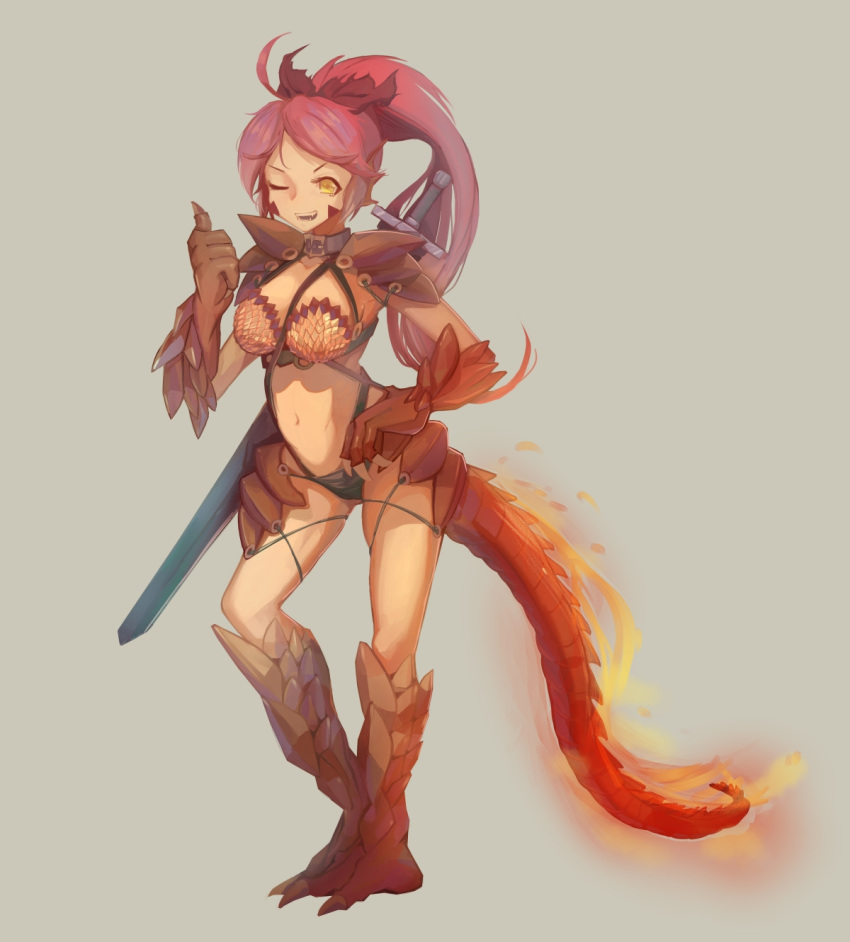 >;d, 1girl, ;d, claws, collar, contrapposto, facial_mark, fangs, faulds, fiery_tail, godsh0t, grey_background, hand_on_hip, highres, lizard_tail, long_hair, looking_at_viewer, monster_girl, monster_girl_encyclopedia, monster_girl_saga, navel, one_eye_closed, open_mouth, pauldrons, paws, ponytail, redhead, salamander_(monster_girl_encyclopedia), sheath, sheathed, simple_background, smile, solo, stomach, sword, sword_behind_back, tail, teeth, thumbs_up, weapon, yellow_eyes