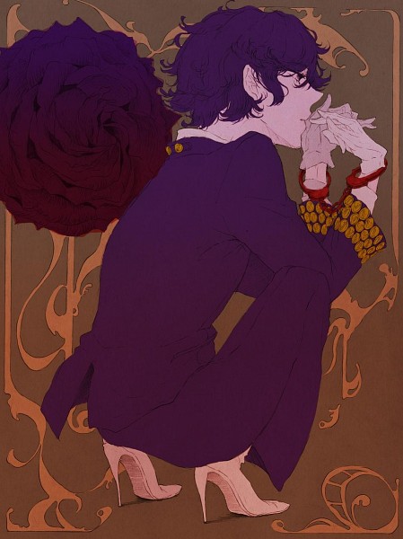 1boy, androgynous, black_eyes, blue_hair, boots, buttons, flat_color, flower
