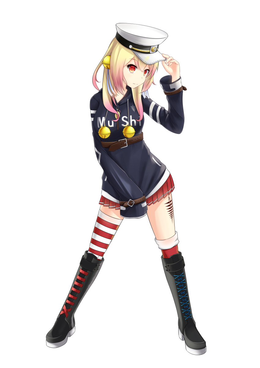 1girl, absurdres, bell, belt, blonde_hair, boots, clothes_writing, contrapposto