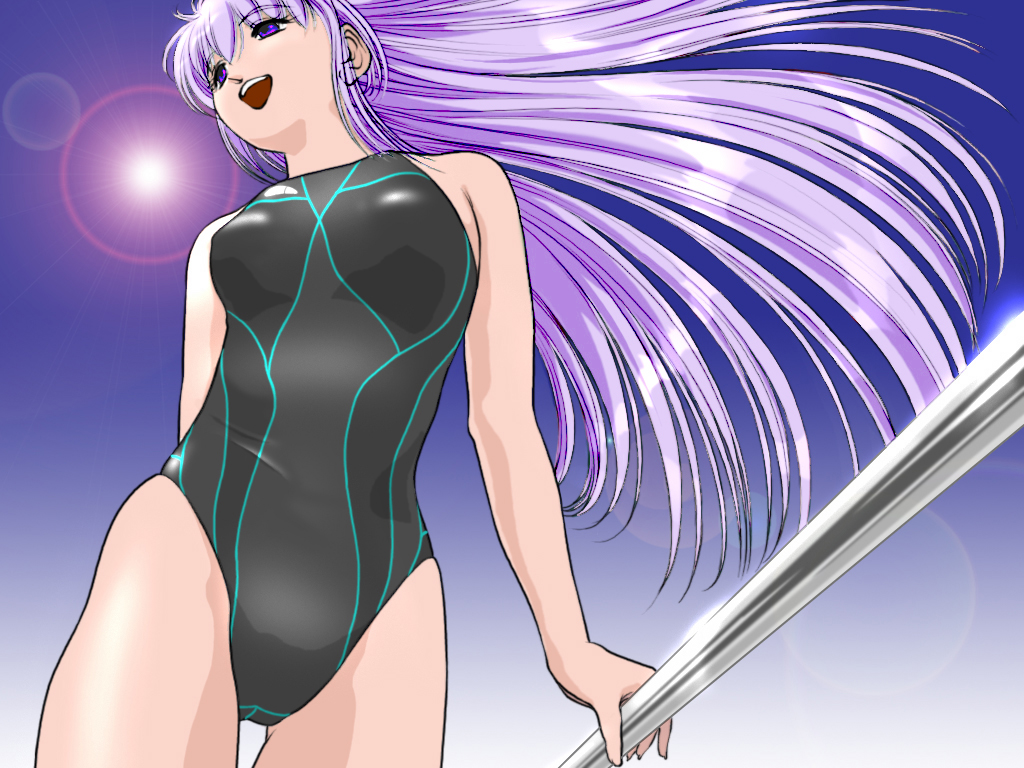 bar, competition_swimsuit, ikuta_kaoru, long_hair, one-piece_swimsuit, pole, purple_eyes, purple_hair