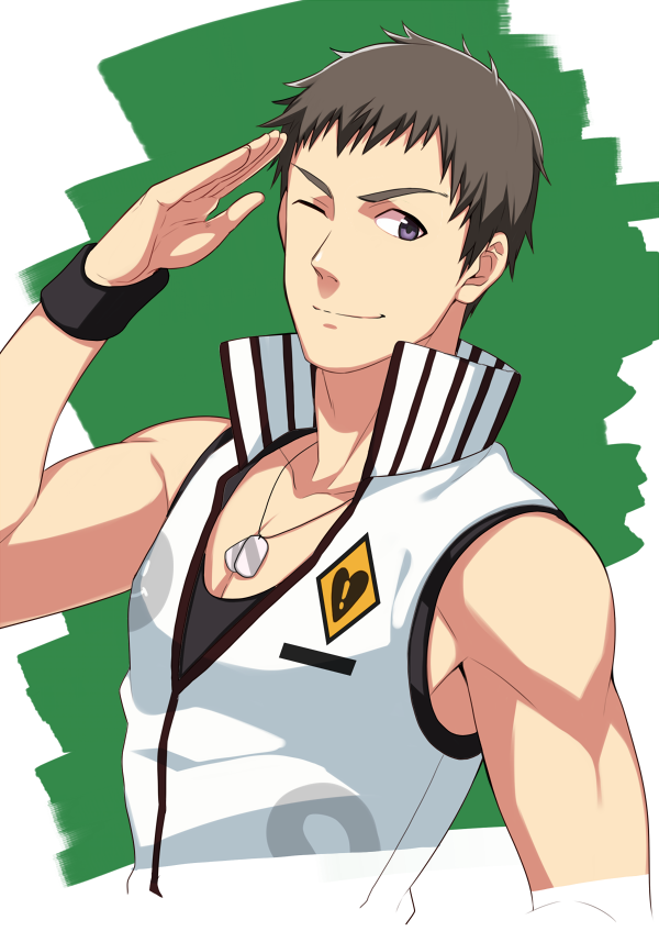 1boy, ;), brown_hair, dog_tags, hifumi_(3b_x), idolmaster, idolmaster_side-m, male_focus, one_eye_closed, salute, shingen_seiji, short_hair, smile, solo, upper_body, violet_eyes, wristband