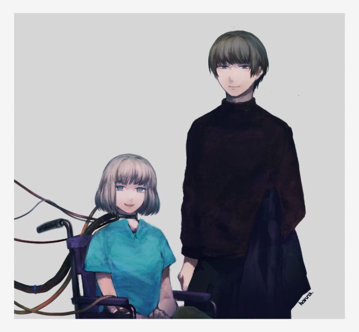 1boy, 1girl, arm_at_side, bangs, black_shirt, blue_eyes, bob_cut, border