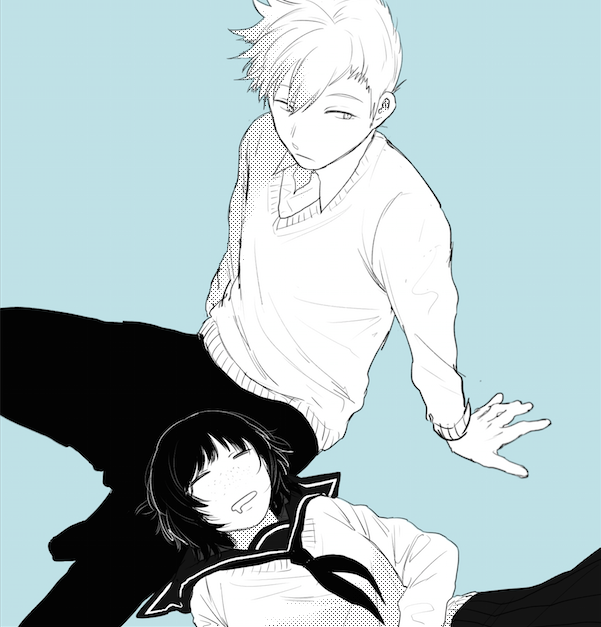 1boy, 1girl, =_=, arm_support, bangs, blue_background, breasts, closed_eyes