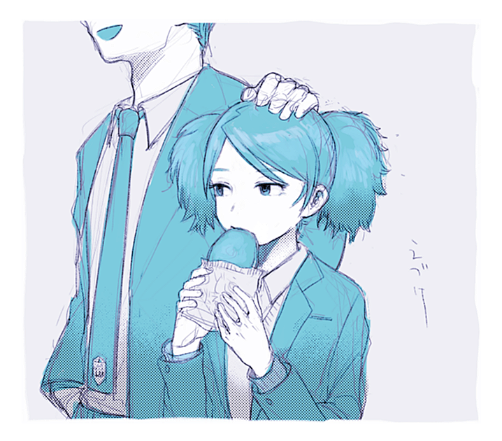 1girl, badge, biting, blazer, bread, character_request, collared_shirt, eating
