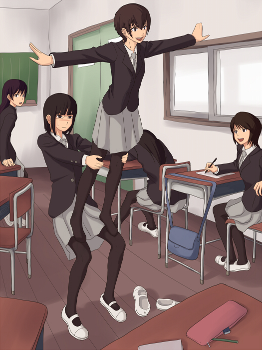 bad_id, chalkboard, classroom, desk, feet, glasses, maasan, multiple_girls