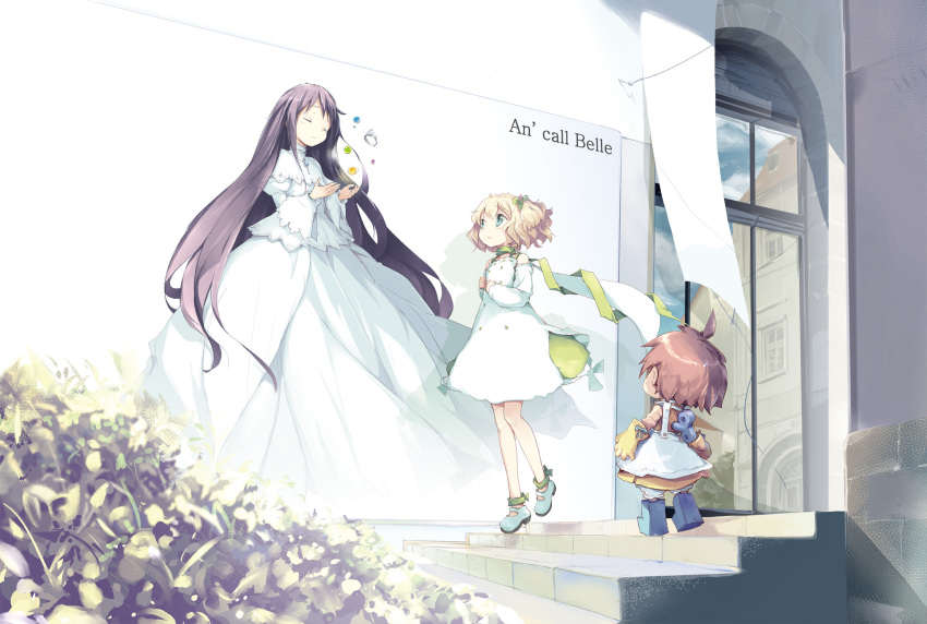 ahoge, angelina_rocca, belle_(katahane), black_hair, blonde_hair, blue_eyes, blue_shoes, blush, brown_dress, brown_hair, building, clenched_hands, closed_eyes, closed_mouth, coco_(katahane), detached_sleeves, dress, flower, fue_(tsuzuku), gloves, head_tilt, highres, jewelry, katahane, long_sleeves, looking_at_another, mary_janes, nature, official_art, outdoors, plant, ribbon-trimmed_dress, ring, shoes, short_hair, sky, smile, stairs, standing, two_side_up, white_background, white_dress, winding_key, window, yellow_gloves