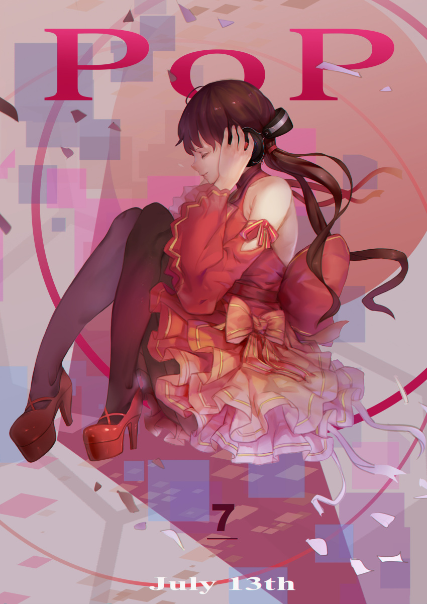 1girl, 476686911, absurdres, black_legwear, brown_hair, closed_eyes, dated, detached_sleeves