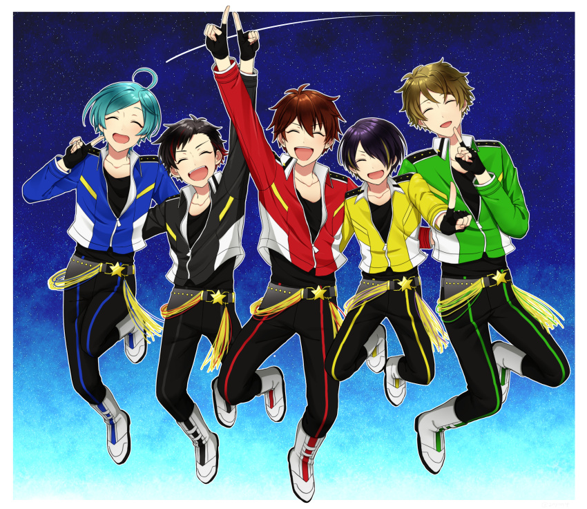 5boys, ahoge, aqua_hair, black_hair, brown_hair, ensemble_stars!, fingerless_gloves, full_body, gloves, green_hair, highres, jumping, male_focus, morisawa_chiaki, multicolored_hair, multiple_boys, nagumo_tetora, pointing, pointing_up, ryuuseitai, sengoku_shinobu, shinkai_kanata, smile, space, star, streaked_hair, takamine_midori