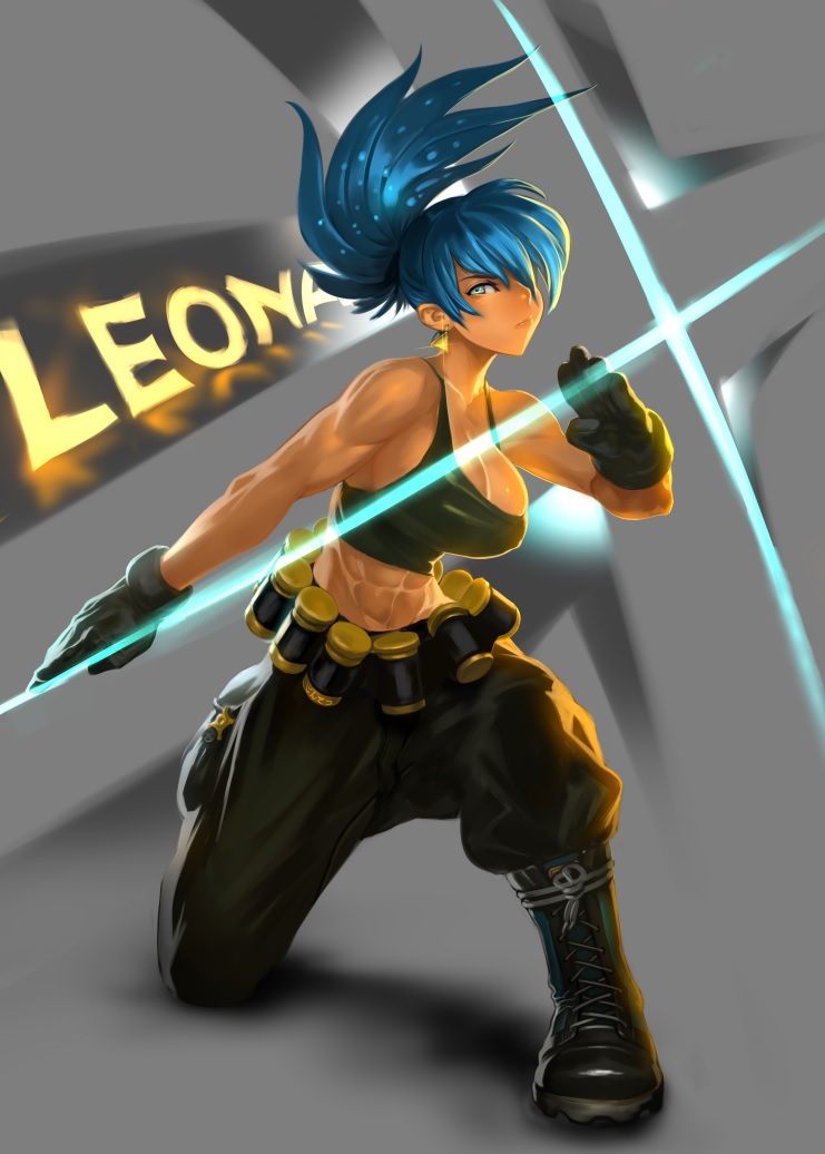 1girl, abs, blue_eyes, blue_hair, boots, breasts, character_name, cleavage