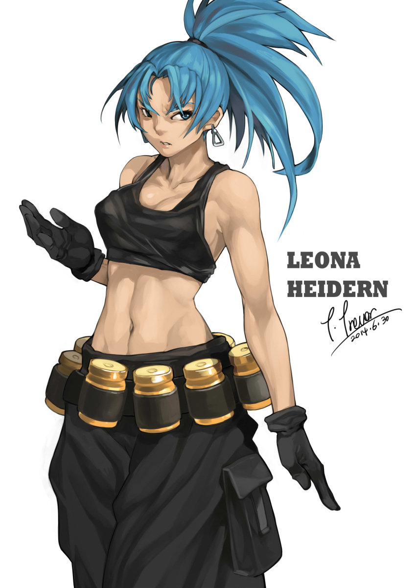 1girl, absurdres, black_gloves, blue_eyes, blue_hair, breasts, cleavage, crop_top