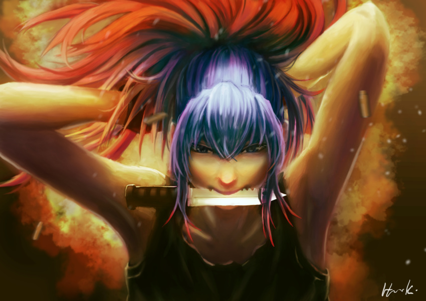 1girl, absurdres, adjusting_hair, blue_eyes, blue_hair, combat_knife, gradient_hair, hank_hua