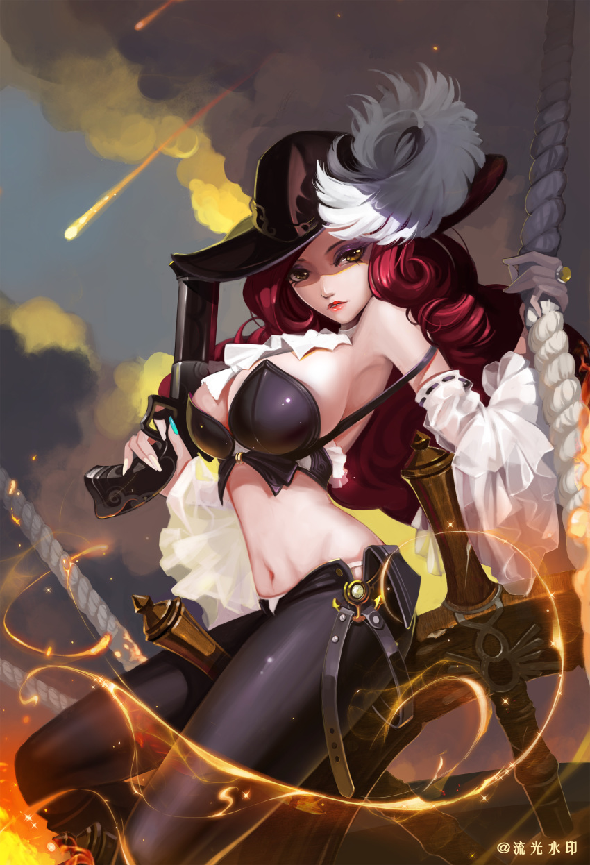 1girl, absurdres, alternate_costume, antique_firearm, bare_shoulders, breasts, cleavage, detached_collar, detached_sleeves, firearm, firelock, flintlock, gun, handgun, hat, highres, jewelry, large_breasts, league_of_legends, lips, lipstick, liuguang_shuiyin, long_hair, makeup, midriff, nail_polish, navel, pants, pirate_hat, pistol, redhead, ring, riot_games, rope, sarah_fortune, sideboob, solo, steering_wheel, waterloo_miss_fortune, weapon, yellow_eyes