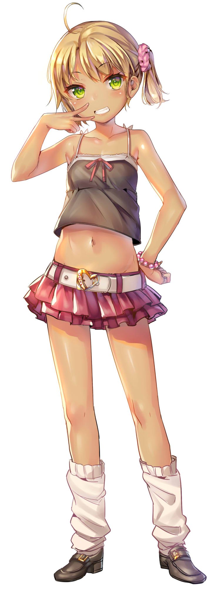 1girl, ahoge, bare_shoulders, belt, blonde_hair, bracelet, camisole, child