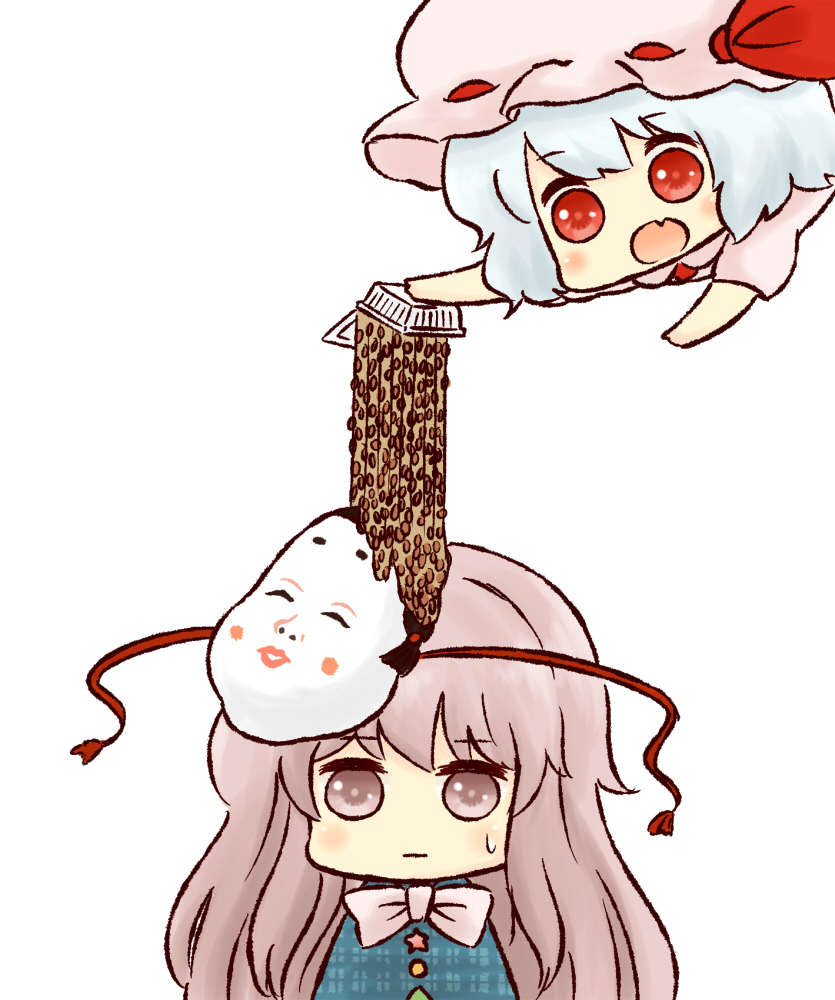 2girls, batta_(ijigen_debris), blue_hair, blush, chibi, expressionless, hat, hata_no_kokoro