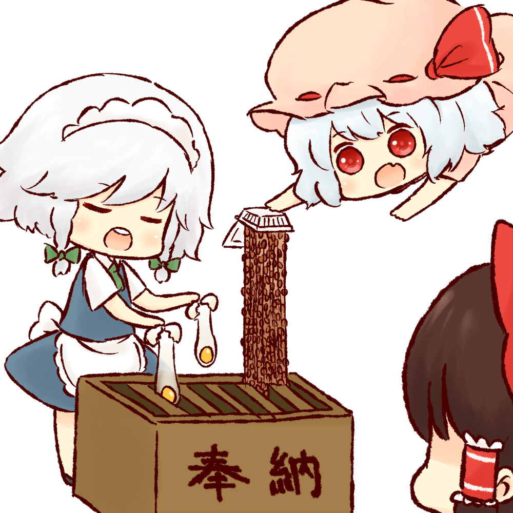 3girls, apron, batta_(ijigen_debris), blue_hair, blush, bow, box, braid
