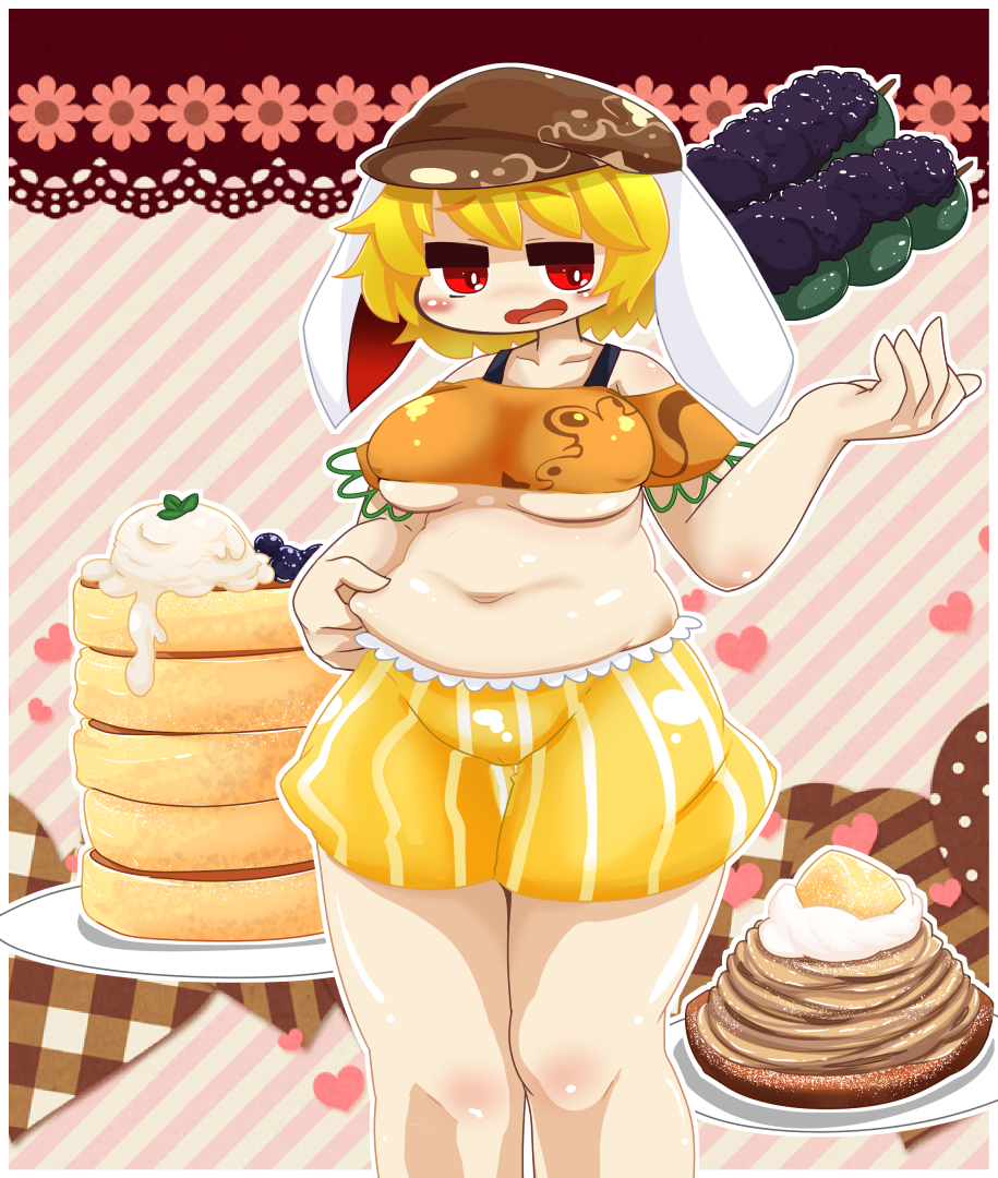 1girl, animal_ears, belly_grab, blonde_hair, blueberry, blush, breasts, cabbie_hat