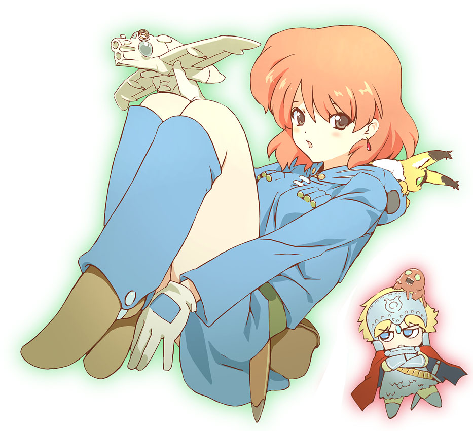 blonde_hair, blue_eyes, brown_eyes, cape, chibi, earrings, ghibli, gloves