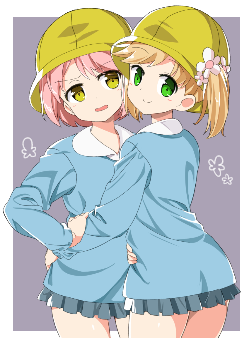 2girls, bangs, blonde_hair, cowboy_shot, eyebrows, eyebrows_visible_through_hair, flower, green_eyes