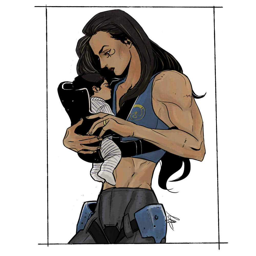 2girls, ana_(overwatch), baby, black_hair, crop_top, dark_skin, female, jewelry, marceline2174, midriff, mother_and_daughter, multiple_girls, muscle, overwatch, pants, pharah_(overwatch), red_eyes, ring, toned, wedding_band
