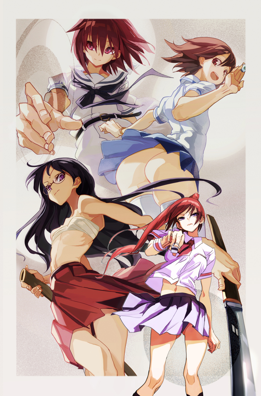 4girls, arakawa_kei, belt, black_hair, blue_eyes, blue_skirt, board_game, bracelet, brown_eyes, brown_hair, character_request, closed_mouth, dress, from_behind, glasses, gluteal_fold, highres, holding, jewelry, katana, looking_at_viewer, looking_back, mahjong, mahjong_tile, miniskirt, miyanaga_teru, multiple_girls, neckerchief, no_panties, open_mouth, pleated_skirt, red_eyes, red_skirt, redhead, sailor_dress, saki, sarashi, school_uniform, skirt, smile, standing, sword, thigh-highs, tsujigaito_satoha, violet_eyes, weapon, white_dress, white_legwear, yaku_yojino