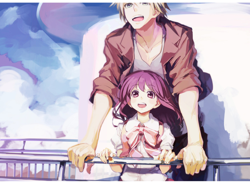 1boy, 1girl, bangs, blonde_hair, bow, brown_eyes, clouds, cloudy_sky