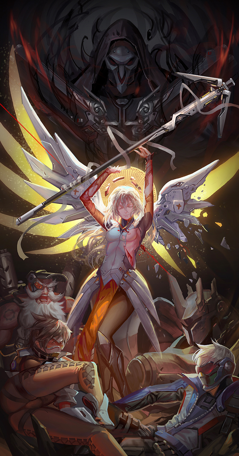2girls, 4boys, armor, ass, backlighting, beard, bleeding, blood