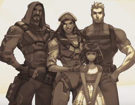 2boys, 2girls, alpha_gamboa, ana_(overwatch), blackwatch_reyes, child, commentary, hood