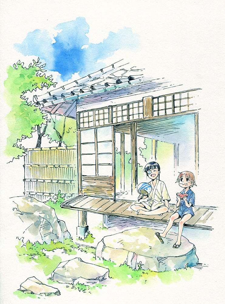 2girls, agahari, black_hair, brown_hair, eyepatch, female, gradient, gradient_background