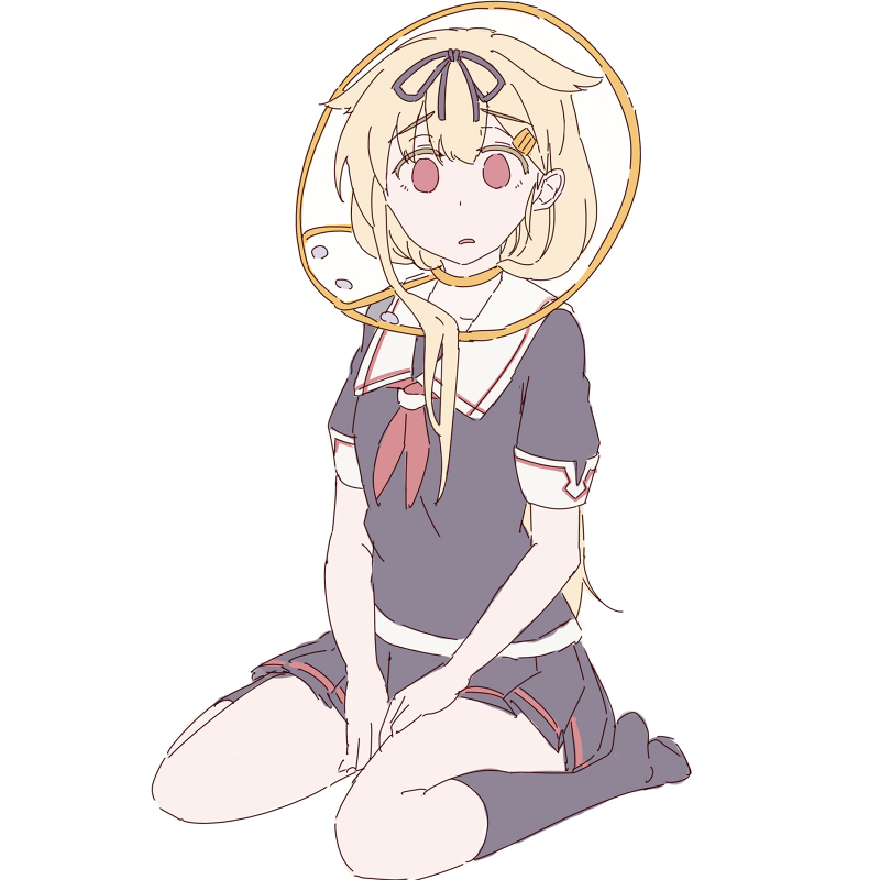 1girl, black_legwear, black_serafuku, black_skirt, blonde_hair, collar, colored_eyelashes, d: