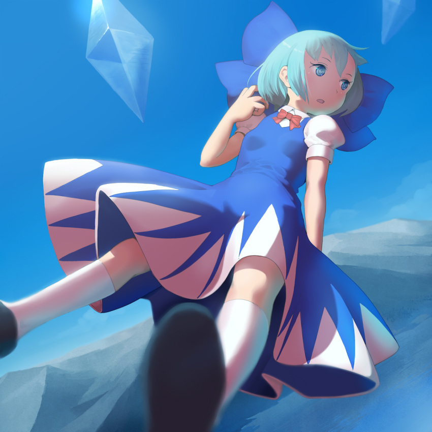 1girl, blue_eyes, blue_hair, cirno, depth_of_field, detached_wings, dress, female