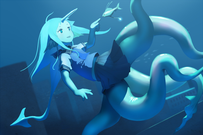1girl, blue_eyes, blue_hair, female, fins, fish, hasukawa_isaburou, head_fins