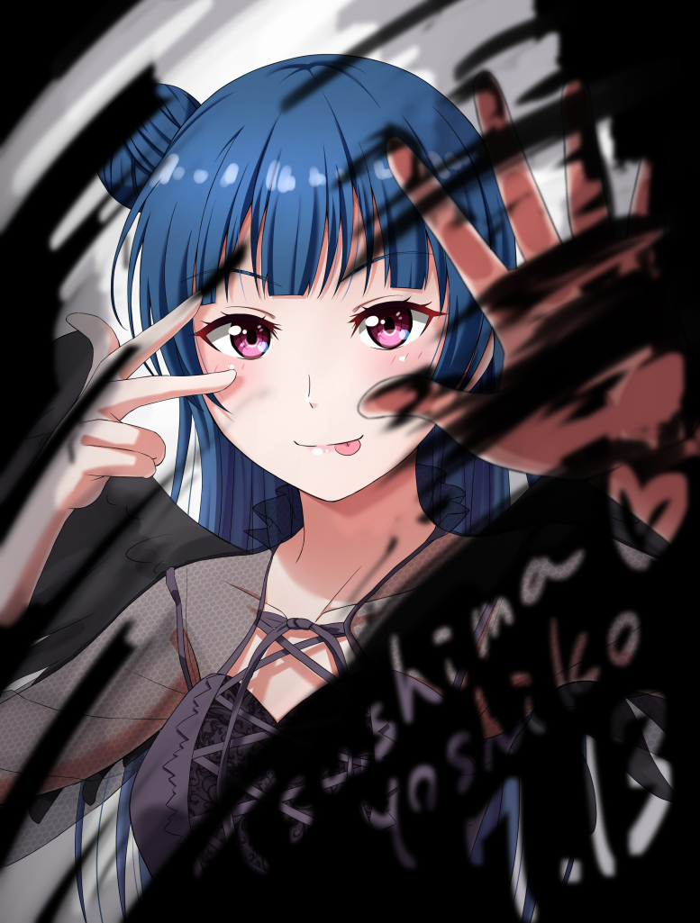 1girl, :p, black_wings, blue_hair, blush, character_name, dated, hair_bun