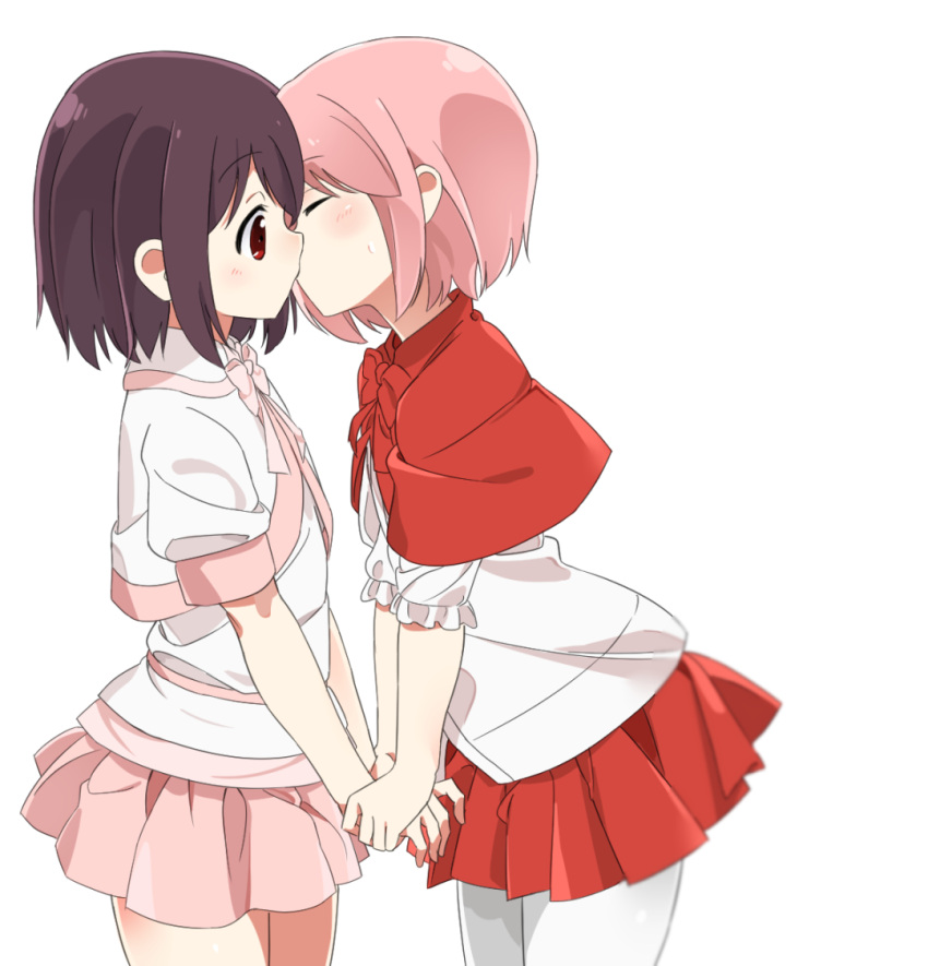 2girls, bangs, black_hair, blush, bow, brown_eyes, capelet, closed_eyes