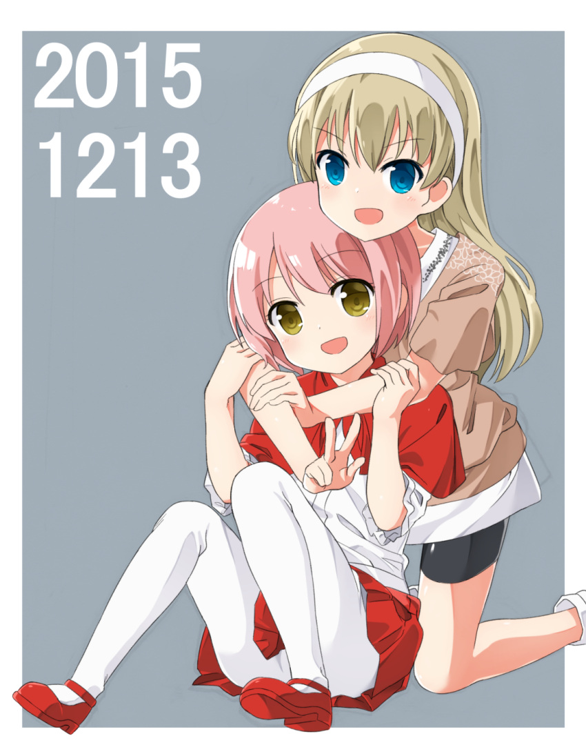 2015, 2girls, bangs, bike_shorts, blonde_hair, blue_eyes, capelet, dated