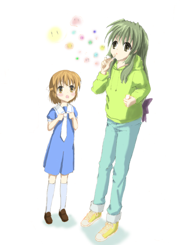 brown_eyes, brown_hair, bubble, clannad, dango, green_hair, hoodie, ibuki_fuuko, jeans, kaprechos, long_hair, okazaki_ushio, school_uniform, serafuku, short_hair