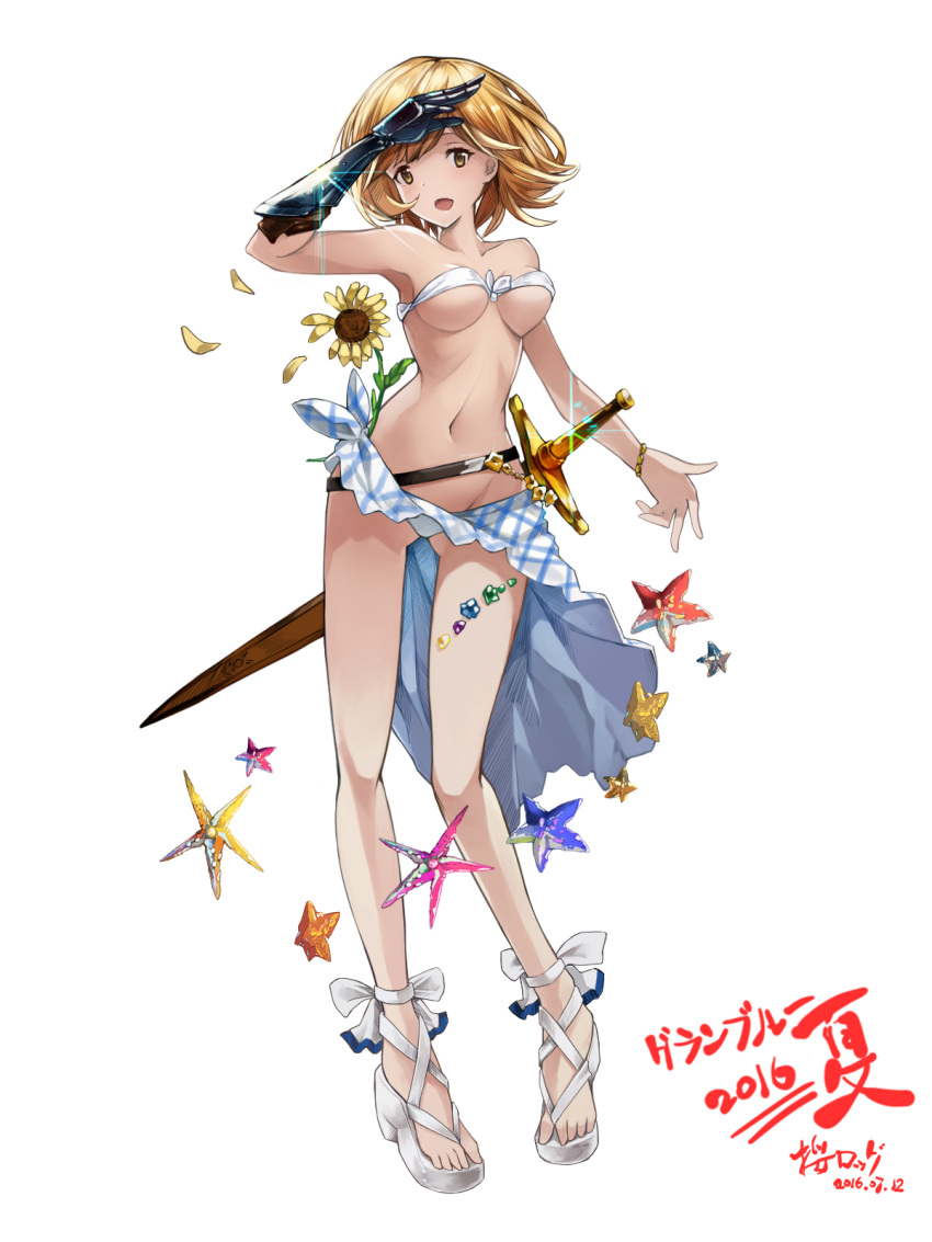 1girl, 2016, blonde_hair, bracelet, breasts, dated, djeeta_(granblue_fantasy), flower