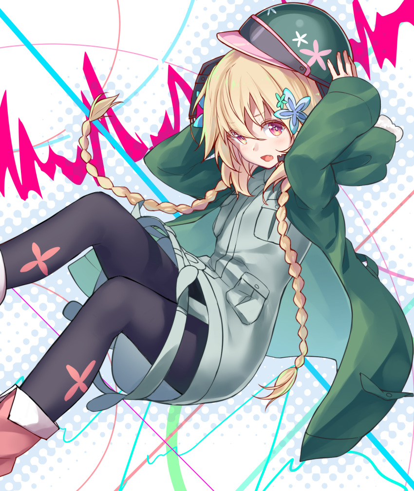 1girl, adjusting_clothes, adjusting_hat, black_legwear, blonde_hair, blush, braid, flower