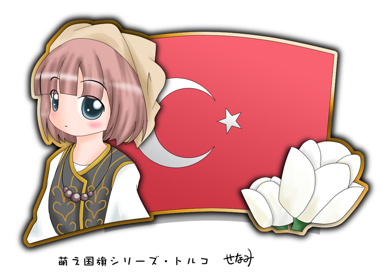 1girl, blue_eyes, brown_hair, flag, murakami_senami, tulip, turkey_(country), turkish_flag