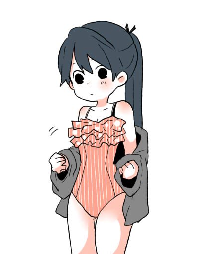 1girl, bangs, bare_shoulders, blue_hair, blush, cowboy_shot, female, frilled_swimsuit, frills, hair_between_eyes, hair_ribbon, houshou_(kantai_collection), jacket, kantai_collection, moi1416, ponytail, ribbon, simple_background, solo, swept_bangs, swimsuit, white_background