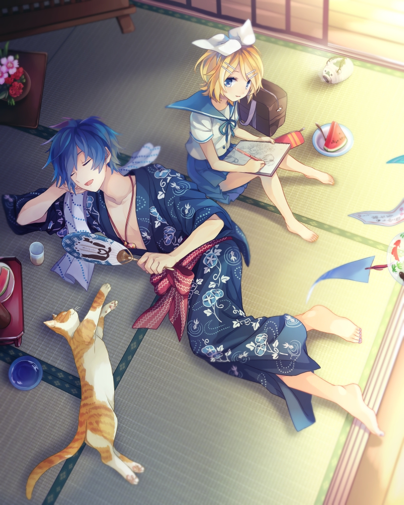 1boy, 1girl, akiyoshi_(tama-pete), animal, arm_support, bag, bag_removed, bangs