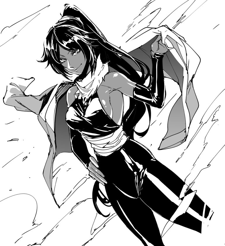 1girl, bare_shoulders, black_clothes, black_hair, bleach, breasts, dark_skin, elbow_gloves