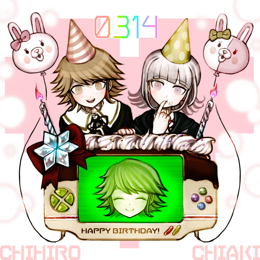 1boy, 1girl, alter_ego, balloon, brown_eyes, brown_hair, candle, character_name