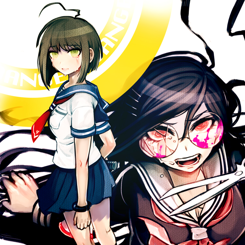 2girls, ahoge, bad_id, blood, blue_skirt, bracelet, broken_glasses, brown_hair