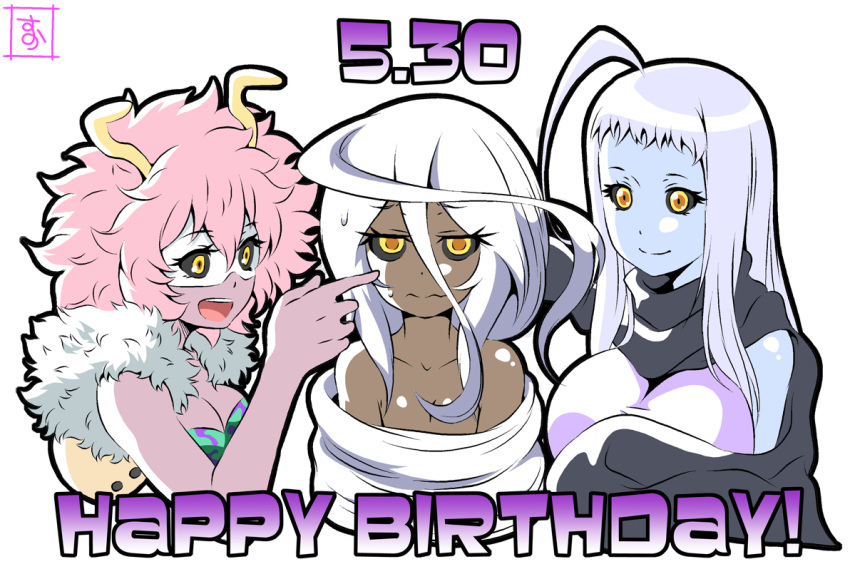 3girls, absurdly_long_hair, ahoge, antennae, ashido_mina, black_sclera, blue_skin, boku_no_hero_academia