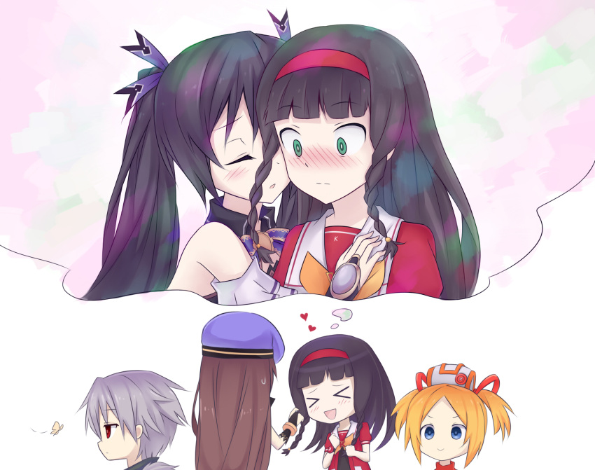 >_<, 5girls, b-sha, black_hair, blonde_hair, blue_eyes, blush, braid