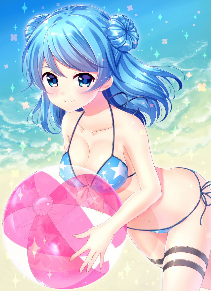 1girl, absurdres, ball, beach, beachball, bikini, blue_bikini, blue_eyes