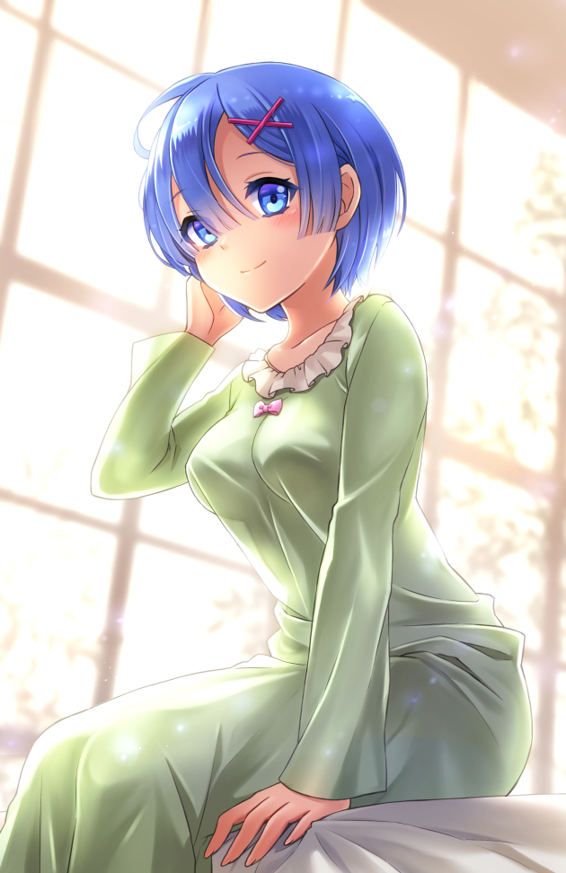 1girl, blue_eyes, blue_hair, blush, dress, green_dress, hair_over_one_eye, looking_at_viewer