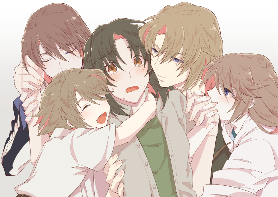 5boys, :d, ^_^, atn-jijifyg, black_hair, blue_eyes, brown_eyes, brown_hair