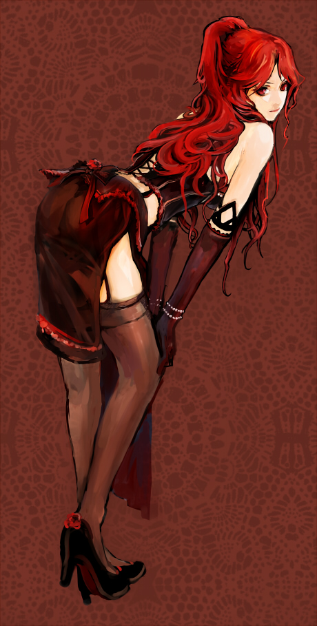 elbow_gloves, garter_belt, gloves, high_heels, leaning_forward, legs, long_hair, looking_back, mabinogi, opiu, red_eyes, red_hair, redhead, rua, shoes, thigh-highs, thighhighs